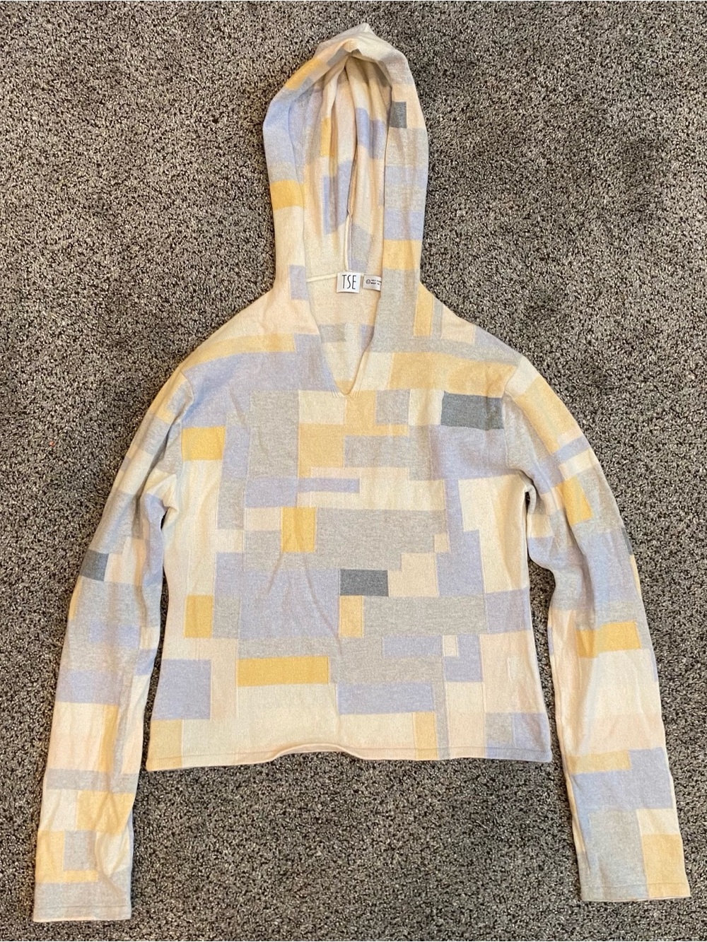 TSE Vintage 90s Geometric Patchwork Cashmere Hooded Knit Top Yellow Gray & Cream